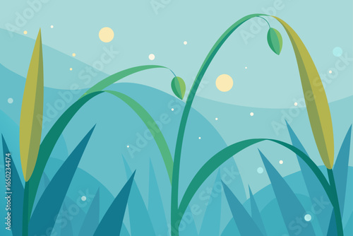 Abstract illustration of reeds and marsh plants in soft blue and green tones