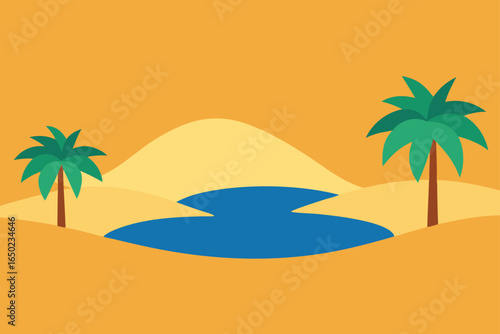 Stylized desert oasis with palm trees and sand dunes