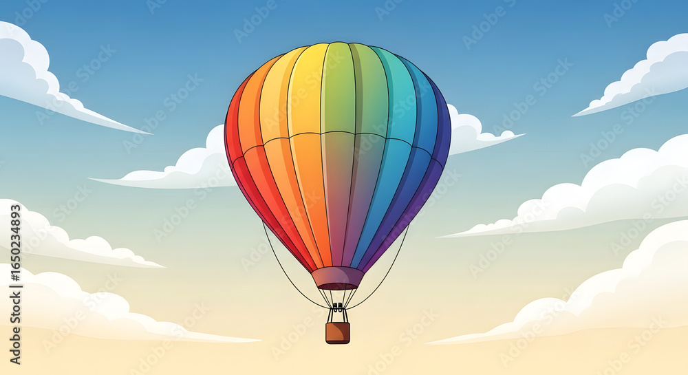 Fototapeta premium Vibrant rainbow hot air balloon soaring gracefully through a clear blue sky, evoking feelings of freedom, adventure, and colorful dreams