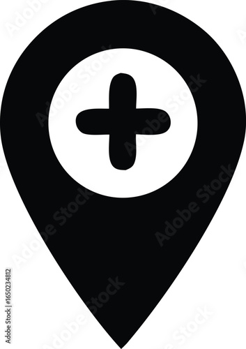 A bold black map pin icon with a white oval containing a black plus sign symbolizing a medical location or healthcare facility