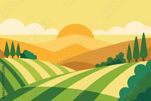 Stylized landscape with rolling hills and striped fields at sunset