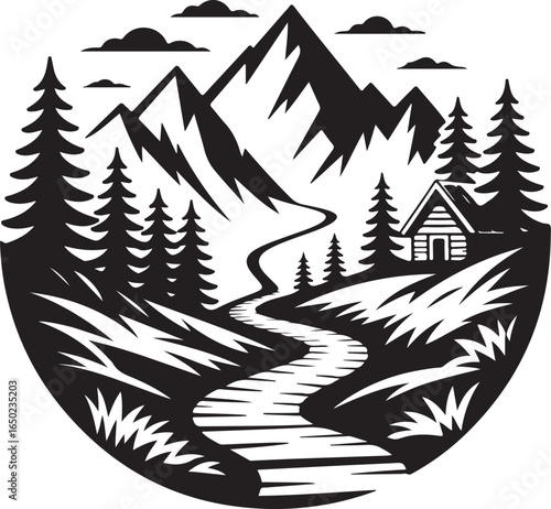Scenic mountain path to cabin adventure awaits