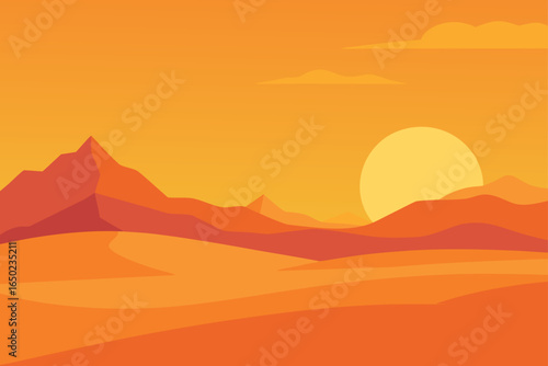 Vibrant desert landscape at sunset with rolling hills and mountains