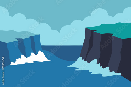 Stylized illustration of ocean waves crashing against cliffs under a cloudy sky
