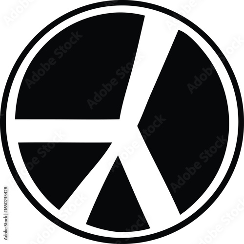 Striking black and white circular symbol featuring a stylized peace sign with three white lines radiating outward