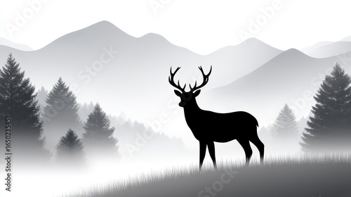 Silhouetted stag against a misty mountain landscape in monochrome tones.