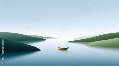 A serene scene of a small boat on calm waters surrounded by rolling green hills.