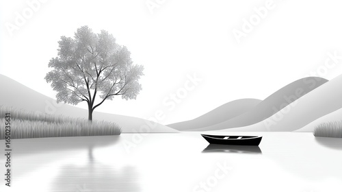 Tranquil black and white landscape with a boat on calm water.