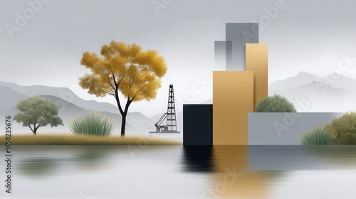 Serene landscape with geometric shapes and soft autumn hues.