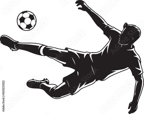 Dynamic soccer player mid-air strike action silhouette