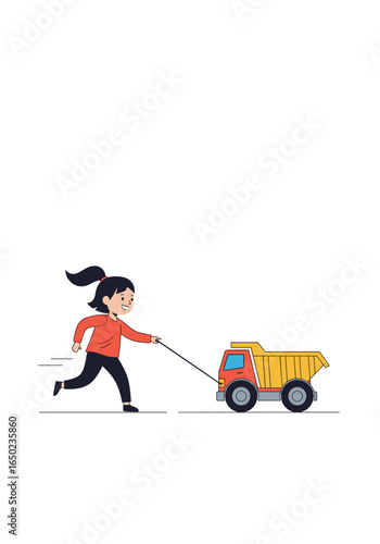 Young girl happily pulling a yellow toy dump truck with a rope during outdoor playtime
