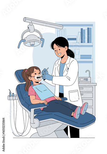 A young patient receives a dental examination from a friendly dentist in a modern clinic