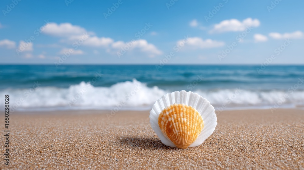 Obraz premium Close-up of a beautiful seashell on sandy beach with gentle waves in the background.