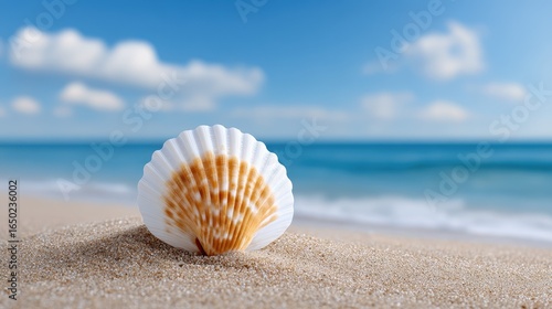A beautiful scallop shell resting on a sandy beach under a clear blue sky.