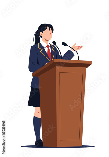 Young student confidently delivering a persuasive speech from a wooden podium in a school debate competition preparation