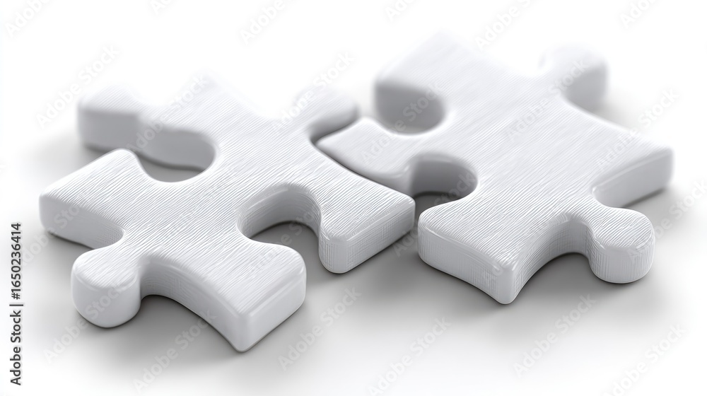 Fototapeta premium Two white puzzle pieces, nearly joined, on a white background