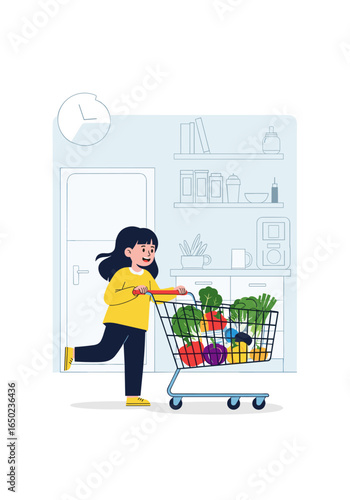 A happy young girl pushes a full shopping cart filled with fresh organic groceries and vegetables through the supermarket aisle making healthy food choices