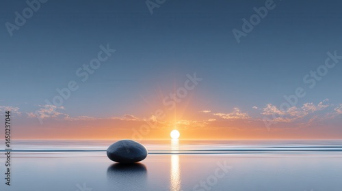 A tranquil sunrise over calm waters with a smooth stone in the foreground.