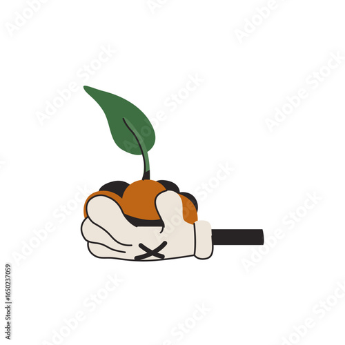 Nurturing Growth: A cartoon hand delicately cradles a fresh sprout emerging from fertile soil, symbolizing growth, renewal, and the nurturing of new life.