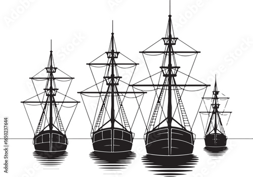 Vintage sailing ships fleet on calm water