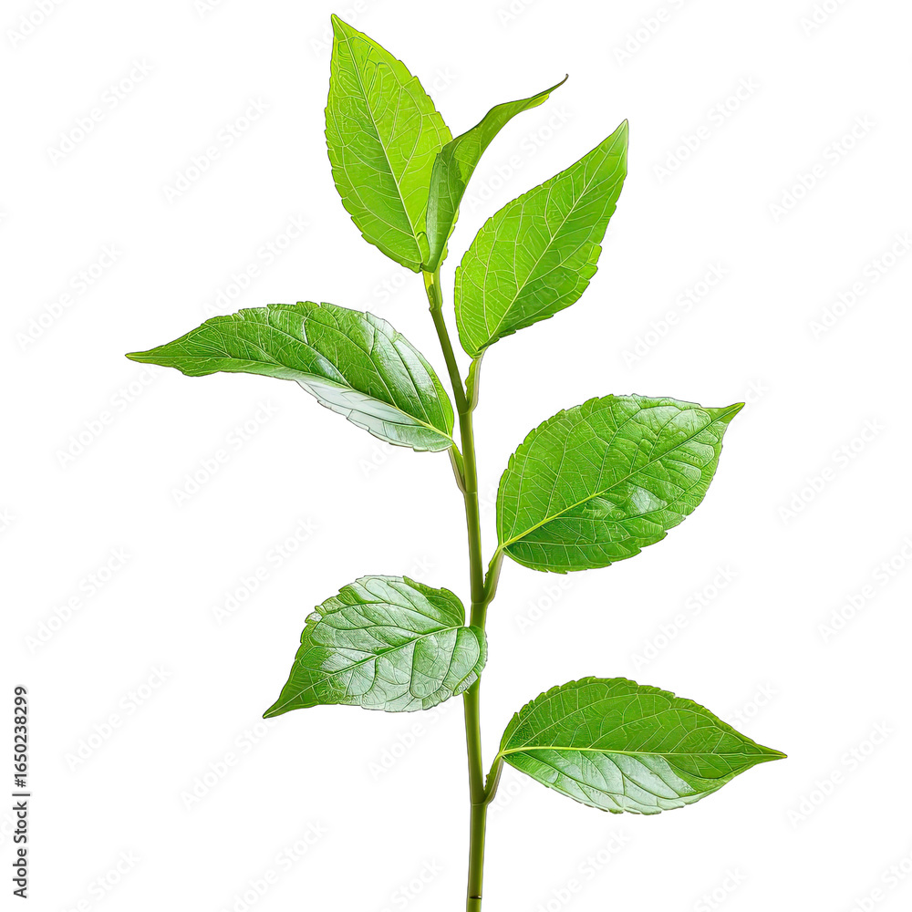 Obraz premium Close-up of vibrant green leaves on a stem. Fresh, healthy foliage against a black background