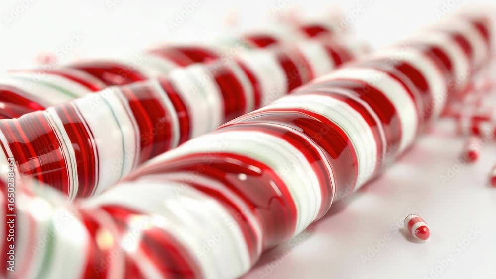 A close-up of traditional red and white peppermint candies wrapped in paper. Great for holiday celebrations or as a treat.