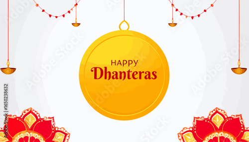 Happy Dhanteras festive greeting background with hanging gold coin and oil lamps