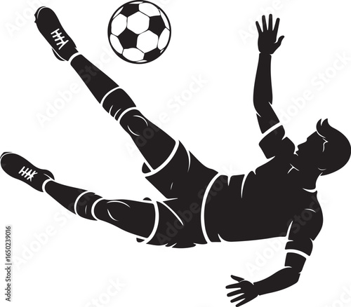 Dynamic soccer player kicks ball mid-air action silhouette