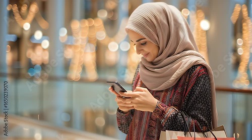 Woman shopping in mall using smartphone