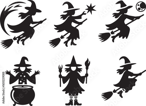 Enchanting witches flying, casting spells, and brewing magic