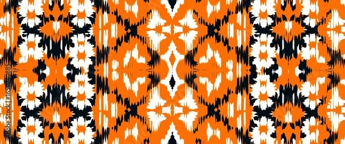 Abstract scribble ikat pattern; bright orange, white Trendy ethnic damask design Perfect for fabric, wallpaper, ikat,  allover