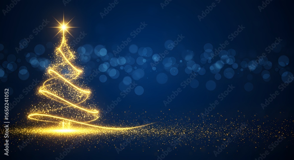 A glowing golden christmas tree made of light and sparkles on a dark blue background with bokeh lights, symbolizing the magic of the holiday season A glowing golden christmas tree made of light and sparkles on a dark blue background with bokeh lights, symbolizing the magic of the holiday season