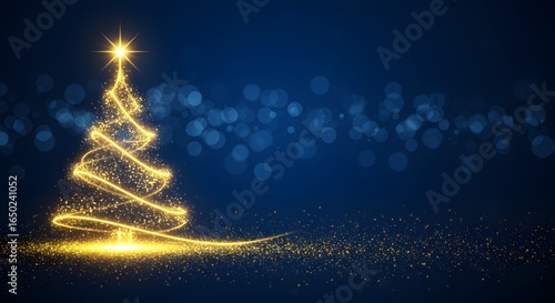 A glowing golden christmas tree made of light and sparkles on a dark blue background with bokeh lights, symbolizing the magic of the holiday season