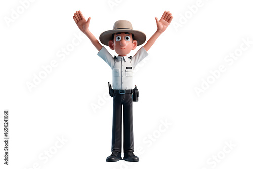 Cartoon Security Guard with Hands Raised in Surrender or Greeting