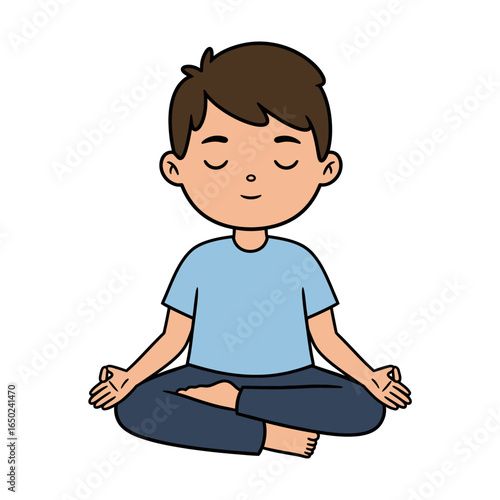 Cartoon boy meditating in lotus pose with closed eyes and Gyan Mudra.