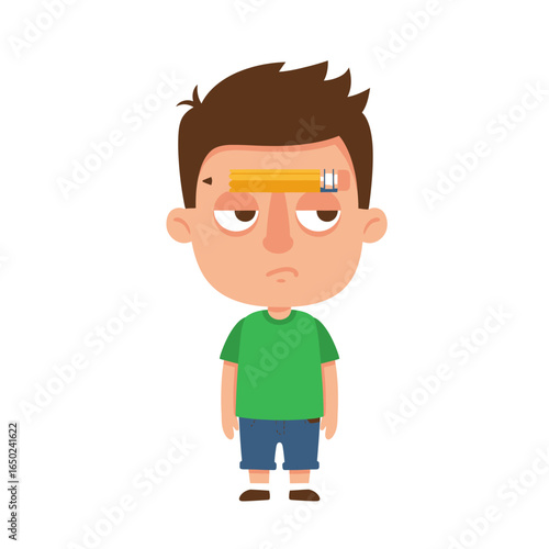 Cartoon Boy with Pencil on Forehead Depressed Expression.