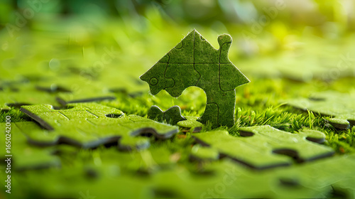 Greenhouse puzzle piece on mossy ground, eco-friendly living concept