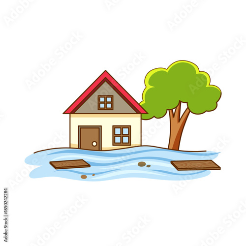 Flooded Home: An illustrated scene shows a house submerged in floodwaters, a visual representation of the aftermath of a natural disaster, with resilience and the challenges of climate change.