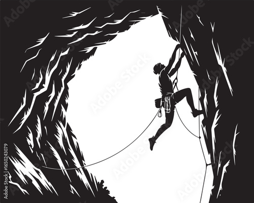 Determined climber scaling sheer rock face reaching new heights