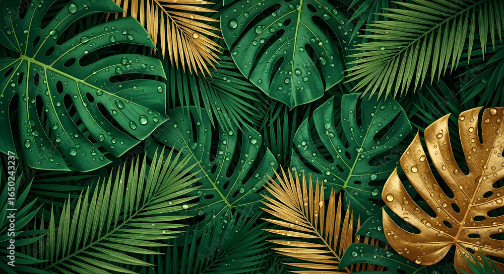 Fototapeta premium Lush tropical foliage featuring vibrant green monstera and palm leaves, interspersed with golden fronds, all adorned with glistening water droplets.