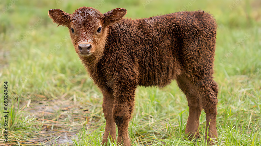 Fototapeta premium Adorable fluffy brown calf stands in lush green grass, looking curious and sweet