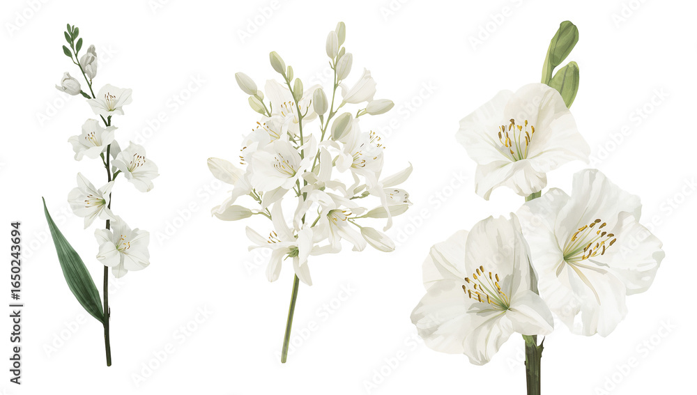 Obraz premium Elegant composition featuring three delicate white floral arrangements against an isolated canvas