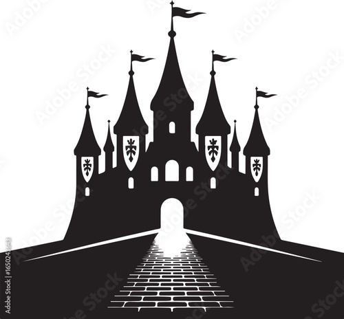 Majestic castle silhouette with illuminated path welcomes visitors