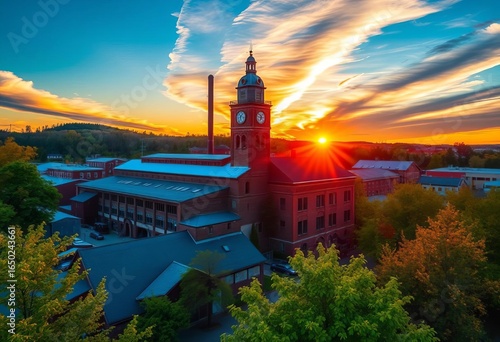 Golden hour sunset illuminates historic Nashua, NH cotton mill & clock tower, panoramic view,  industrial park, Nashua