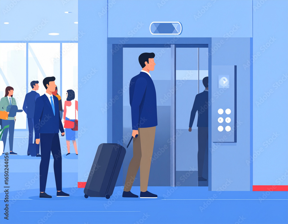 Fototapeta premium Man in Business Casual Waiting for Lift in Modern Office Building