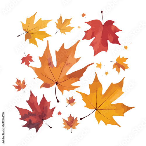 Colorful maple leaves fall against a white background in this illustration evoking the autumn season Perfect for seasonal designs and decorations.