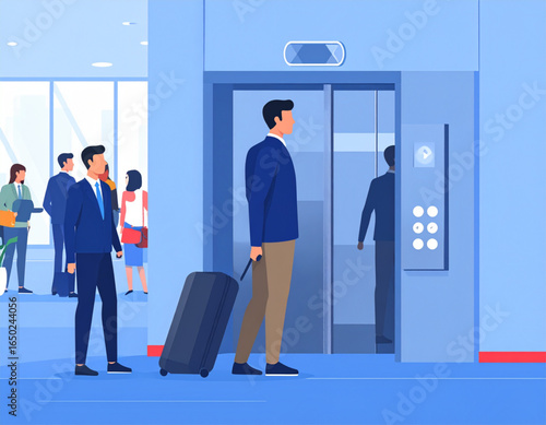 Man in Business Casual Waiting for Lift in Modern Office Building