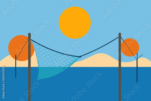 Beach volleyball net against a vibrant sunset with warm colors and a calming atmosphere for leisure