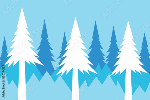 Winter forest scene with stylized evergreen trees and mountain range in a cool blue palette