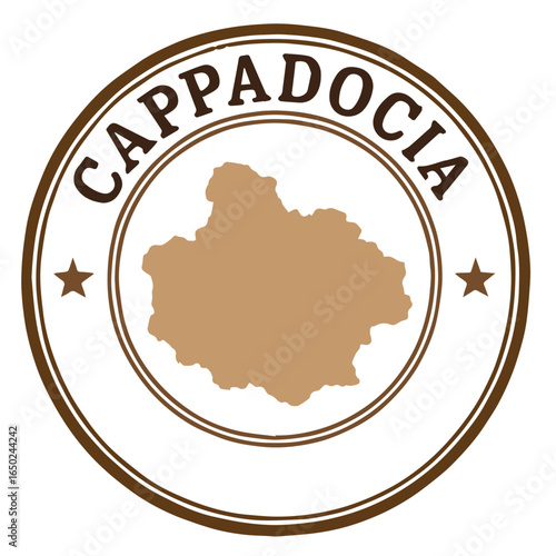 Brown grunge rubber seal showing Cappadocia map silhouette, retro postal stamp design, symbolizing classic Turkey travel heritage theme perfect for creative design.